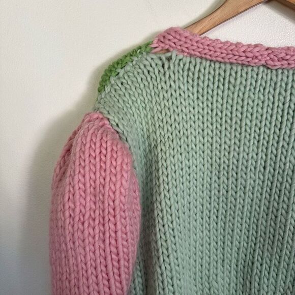 Hope Macaulay Free People Sparkle Puff Sleeve Color Block Pastel Chunky Knit Car - Picture 4 of 12